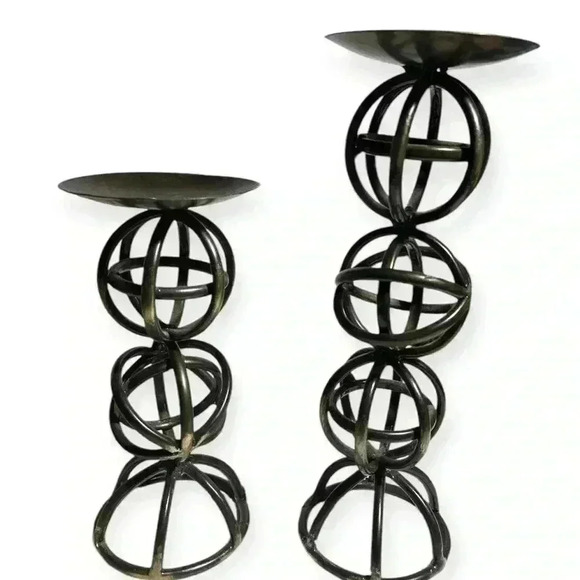 Modern Metal Orb Candle Holders Set of 2 - Rustic Black Finish - Picture 3 of 6
